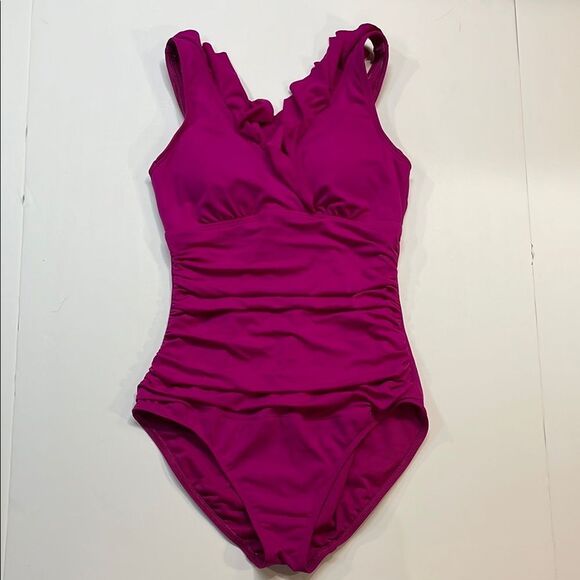Ralph Lauren Wms One Piece Ruffled Surplice Neckline Scoop Back swimsuit Sz 4 - Picture 1 of 10